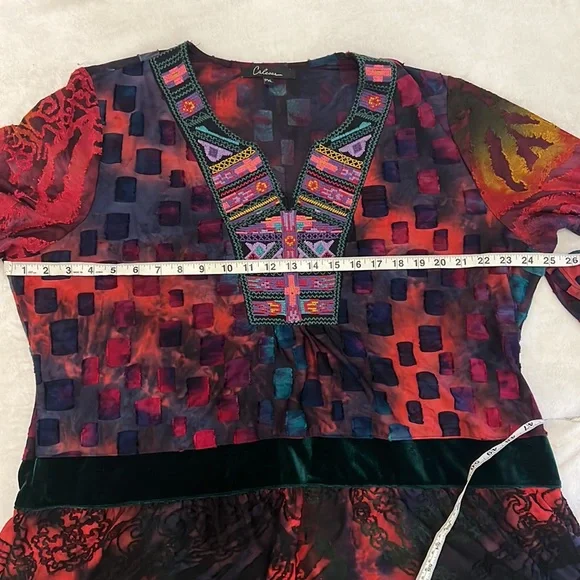 Caleaas boho style multicolor mix media tunic length 3/4 sleeve top - Picture 13 of 16
